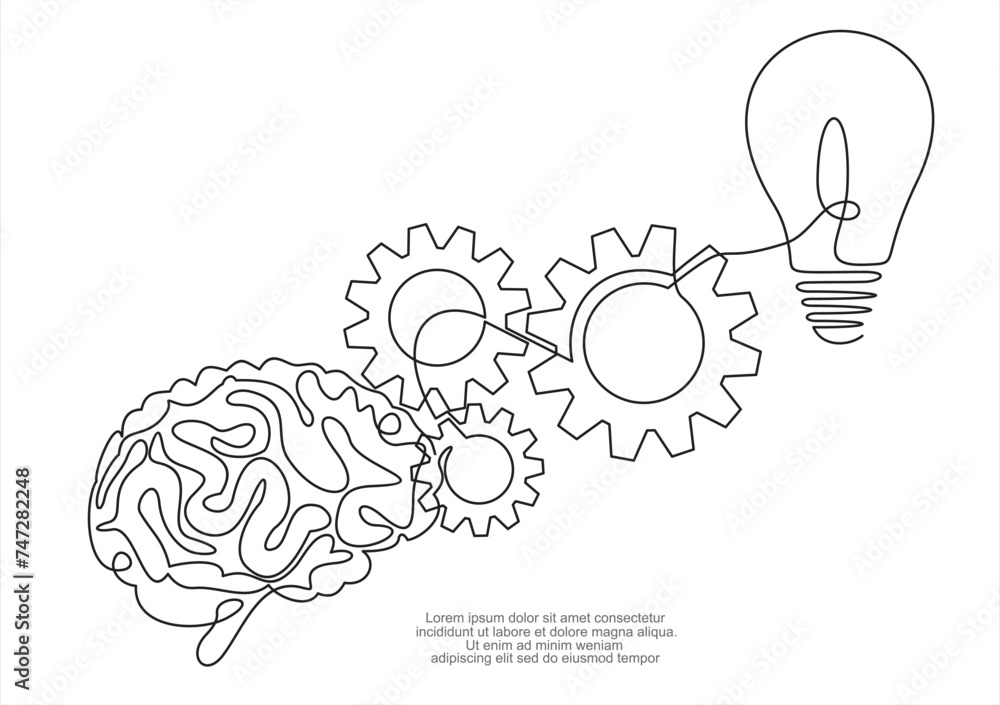 Poster brain thinking about startup business idea. brain, with light bulb in one continuous line drawing.