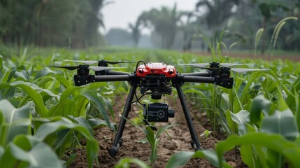 A high-tech agricultural drone equipped with a camera stands amidst young corn plants, showcasing modern farming techniques.