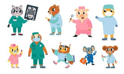 Funny animals doctors. Cartoon animal in doctor and nurse uniform. Hospital or ambulance professionals with medications and tools, classy vector set