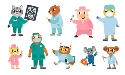 Fotobehang Robot Funny animals doctors. Cartoon animal in doctor and nurse uniform. Hospital or ambulance professionals with medications and tools, classy vector set