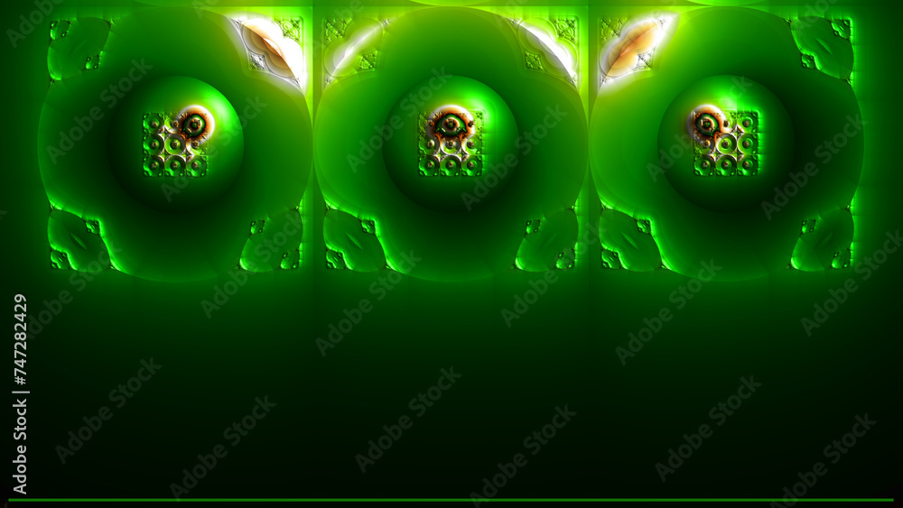 Poster three similar circular eye motifs on a plain dark green background template copy-space design