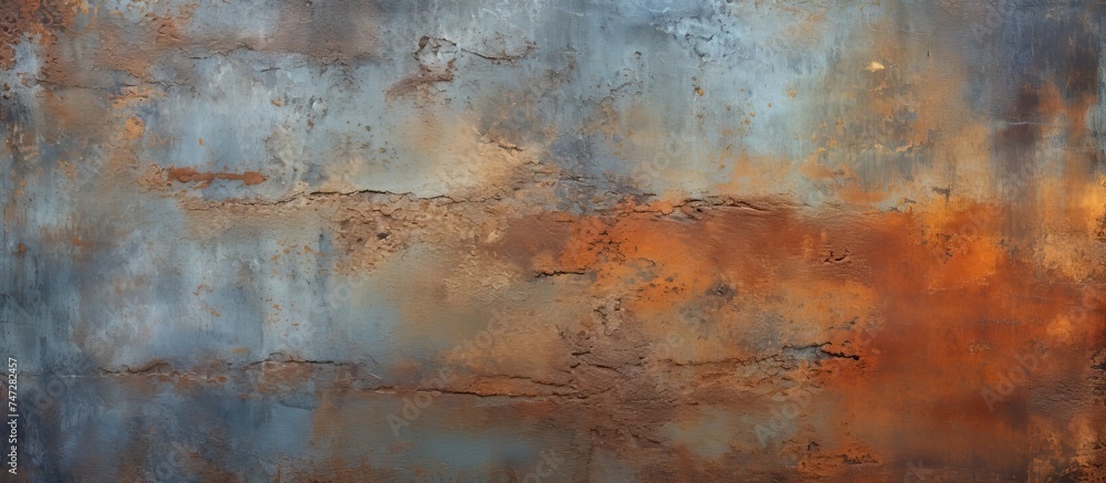 Poster a weathered metal surface is covered in rust with a color scheme of brown and blue. the rust pattern