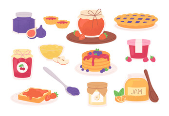 Jam and marmalade. Jams in glasses jars, homemade preserves sweet desserts. Tasty breakfast toasts and pancakes, pie with berry, racy vector set