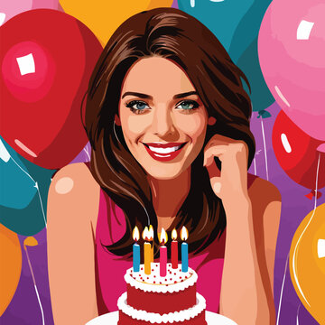 Smiling woman celebrating birthday with cake and balloons, vector illustration