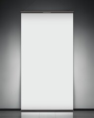 mockup roll up poster stand in white wall banner design Designing posters in empty spaces black floor tile