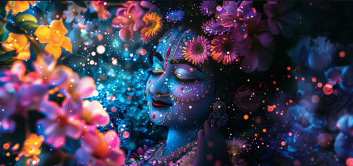 Portrait of Krishna Surrounded by Flowers: Neon Colors, Rendered in Glowing 3D Objects Style, Infused with Otherworldly Illustrations and Emotional Color Fields.