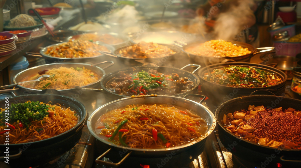 Poster a vibrant scene of a night market with rows of dimly lit stalls selling steaming bowls of noodles ea