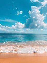A vertical picture of a seaside beach with waves lapping up on the sand against a beautiful summer sky. - obrazy, fototapety, plakaty