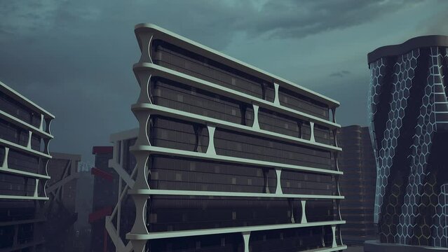 A very tall building dominates the city skyline, surrounded by bustling streets and buildings.