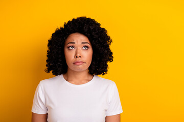 Photo of confused clueless woman with perming coiffure dressed white t-shirt look at offer empty...