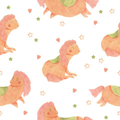 Seamless pattern of cute little horses with a stars and hearts - watercolor hand drawn illustration for surface design, kids fabric, postcard templates