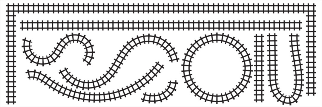 Railway Line, Rails Symbol, Train Tracks Sign, Railroad Pictogram, Railway Track Silhouette.  Vector illustration.