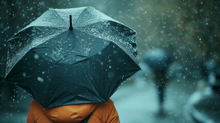 Rear view of woman holding black umbrella, rainy
