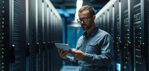 Fototapeta premium Portrait confident male IT technician, server support administator in server room or data center.