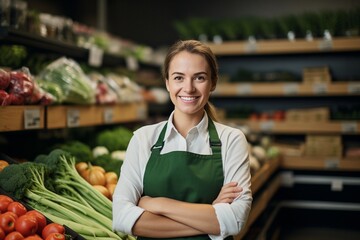 Portrait of  young sales assistant standing in a grocery store, supermarket, in front of shelves with fruits and vegetables. Female store clerk in apron smiling, looking at camera.