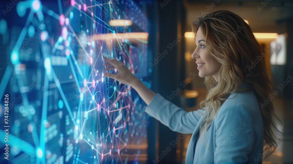 Aufkleber a businesswoman analyses complex data visualized on a high-tech digital interface with glowing conne