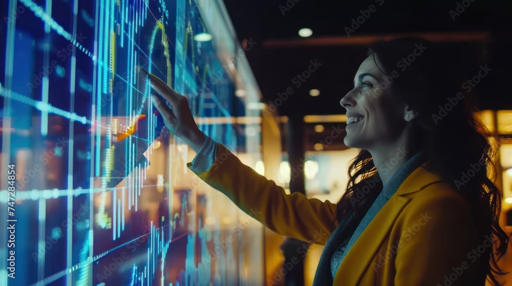 Poster a female in a yellow jacket engages with an advanced, interactive touchscreen display in a high-tech