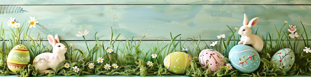 Aufkleber a wooden product display top with an easter background of painted eggs, rabbit and green grass and m