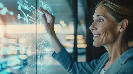 Person uses a transparent display to navigate through a complex web of digital information and data