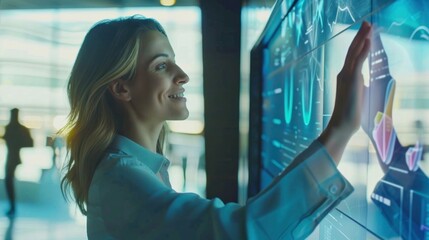 A professional analyzing complex data on a futuristic, interactive touchscreen interface in a dimly lit room