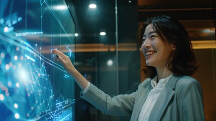 A cheerful woman uses a state-of-the-art digital touchscreen interface with a glowing graphical display