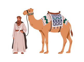 Arab man and camel. Moroccan bedouin holding, owning desert animal transport with saddle, bridle. Arabian nomad. African Morocco person in turban. Flat vector illustration isolated on white background