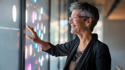 An executive in a business suit touches a futuristic interactive display with data and analytics visualized