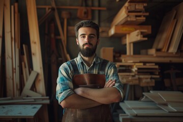 Portrait of carpenter working in woodworking shop. Handsome craftsman in apron standing with crossed arms, looking at camera. - obrazy, fototapety, plakaty