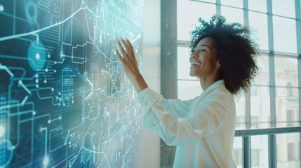 A woman in a white blouse interacts with a futuristic holographic interface with digital graphics floating in the air