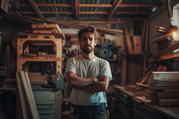 Portrait of carpenter working in woodworking shop. Handsome craftsman in white t-shirt standing with crossed arms, looking at camera. - obrazy, fototapety, plakaty