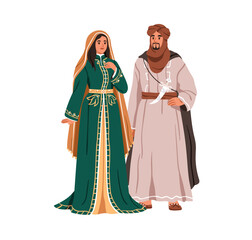 Moroccan family couple. Arab man and woman in national clothes, dressing. Arabic husband and wife wearing headscarf, traditional apparel, katan. Flat vector illustration isolated on white background