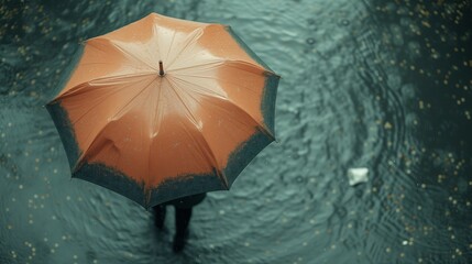 Top view of man holding orange umbrella