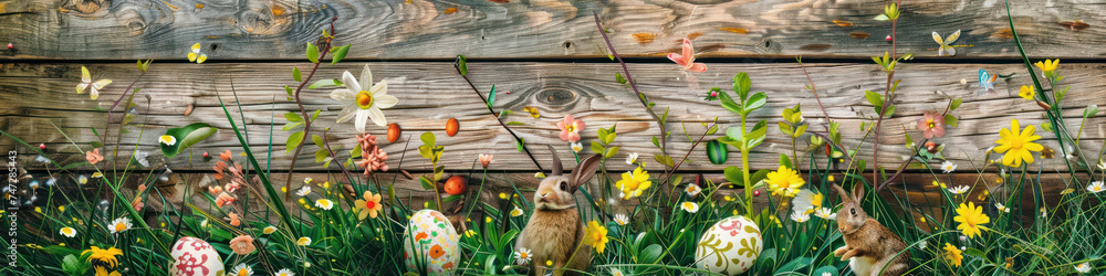 Aufkleber a wooden product display top with an easter background of painted eggs, rabbit and green grass and m