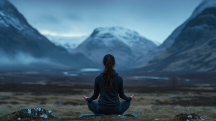 Woman meditating in serene mountain landscape, suitable for wellness and travel themes