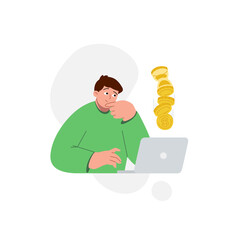 Financial vector artwork to passive income. Vector business illustration, a man in a blue sweater with a laptop. Illustration of a flat-style man investing the money. 