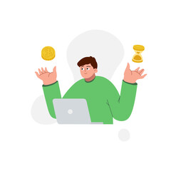 Financial vector artwork to passive income. Vector business illustration, a man in a blue sweater with a laptop. Illustration of a flat-style man investing the money. 