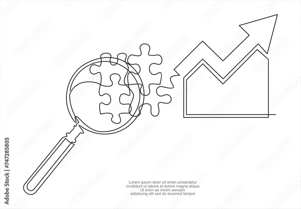 Poster continuous one line drawing of increasing up arrows bar graph and magnifying glass. search. hand dra