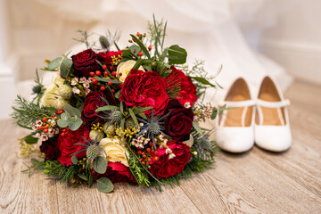 Luxurious Wedding Bouquet with Red and Cream Roses