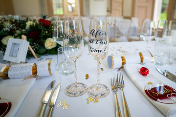 Sophisticated and Festive Wedding Reception Table Setting with Elegant Decorations