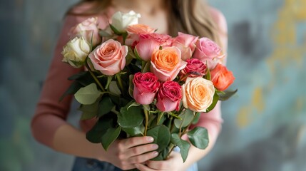 Bouquet of roses in the hands of a florist. AI generative