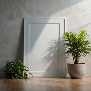 empty frame on floor with herbs and plants in pots. mockup or for image presentation 