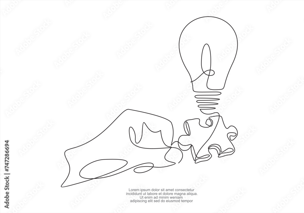 Poster continuous one single line drawing of hand holding puzzle of light bulb. inside. puzzle game symbol 