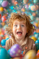 A child boy with a dreamy expression looks up at a shower of Easter eggs - 747286600