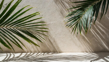 Minimal summer concept with palm leaf and shadow on a white table against a beige wall background