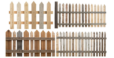 set of various wooden fence , diffract size ,height, and width .isolated on white background with clipping path. Front view, 