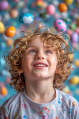 A child boy with a dreamy expression looks up at a shower of Easter eggs - 747286622
