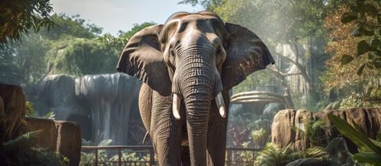 An Asian elephant is standing in front of a flowing waterfall within its zoo enclosure. The massive animal is observing the cascading water in a serene manner.
