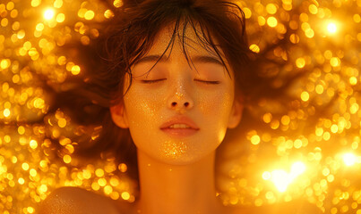 Fototapeta premium Bright Elegance: Asian Woman on Golden Glitter Background for Design Advertising Projects.