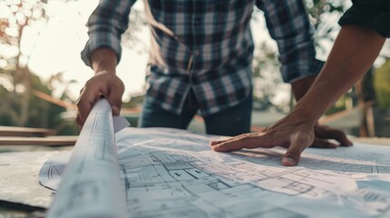 Two professionals examining architectural blueprints on a construction site, discuss project details, describe, great for depicting teamwork and construction management.