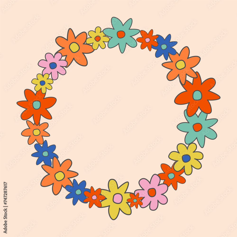 Poster Round floral frame in groove style with copy space for text. Retro style Isolated border design. Vector illustration.